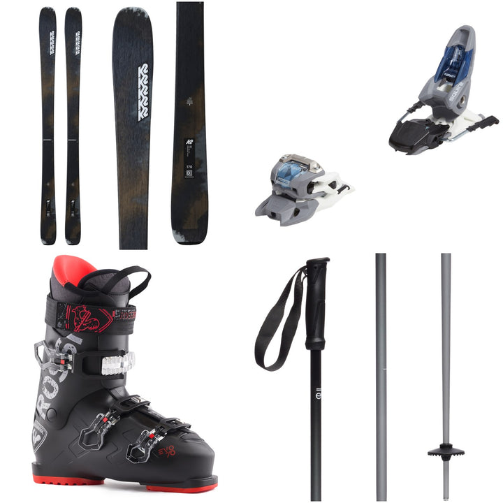 K2 Mindbender 85 Skis + Marker Squire 11 Ski Bindings + Rossignol Evo 70 Ski Boots + evo Merge Ski Poles