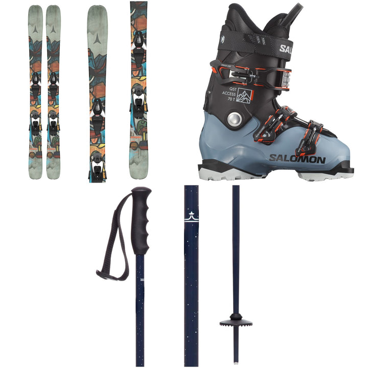Atomic Bent Jr Skis + C5 GW Ski Bindings + Salomon QST Access 70 T GW Ski Boots + evo Lil Send'r Adjustable Ski Poles - Kids'