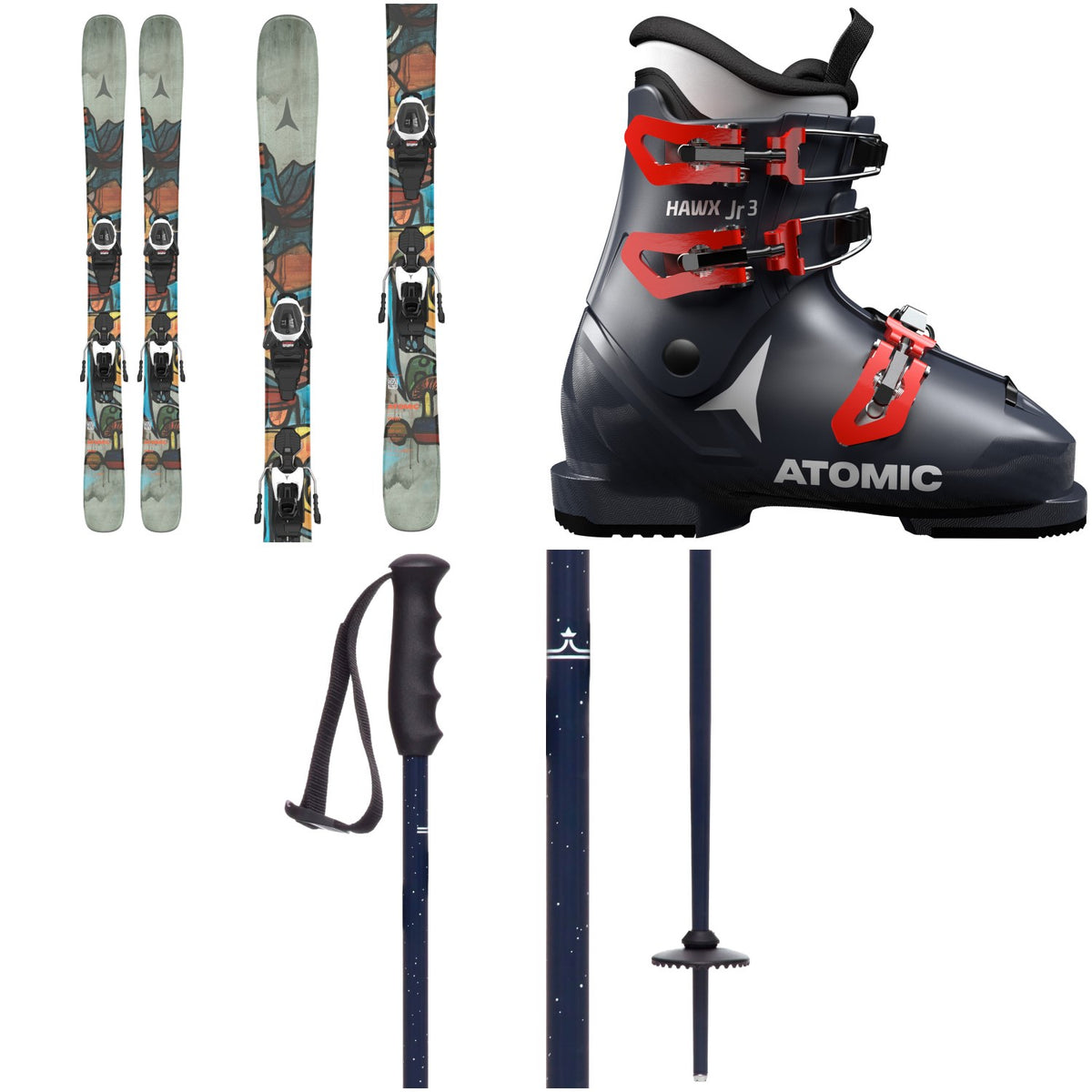 Atomic Bent Jr Skis + L6 GW Ski Bindings + Atomic Hawx Jr 3 Ski Boots + evo Lil Send'r Adjustable Ski Poles - Kids'