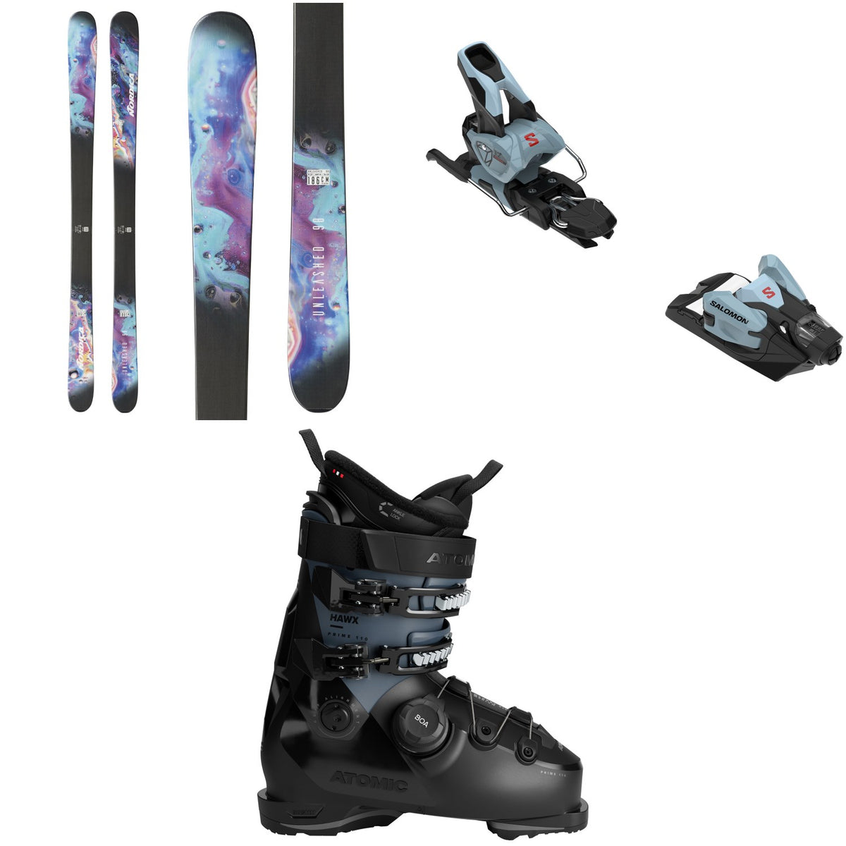 Nordica Unleashed 98 Skis + Salomon Strive 12 GW Ski Bindings + Atomic Hawx Prime 110 BOA Ski Boots 2026