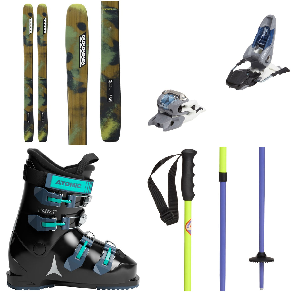 K2 Mindbender Team Skis + Marker Squire 11 Ski Bindings + Atomic Hawx Kids 4 Ski Boots + evo Lil Send'r Adjustable Ski Poles - Kids'