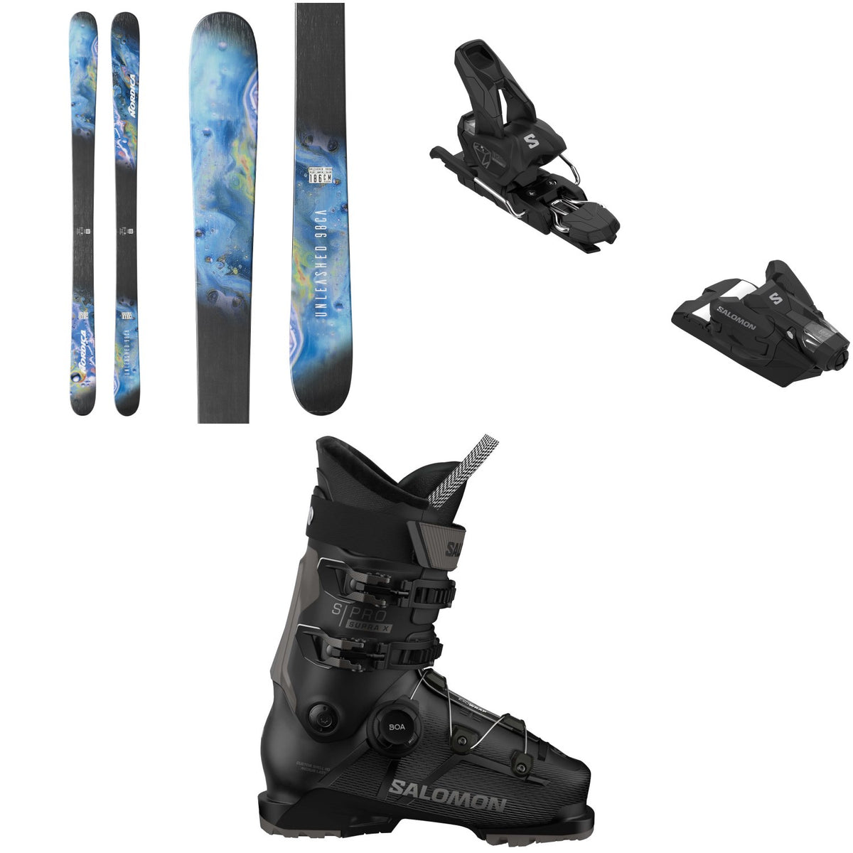 Nordica Unleashed 98 CA Skis + Salomon Strive 12 GW Ski Bindings + Salomon S/Pro Supra BOA X100 Ski Boots