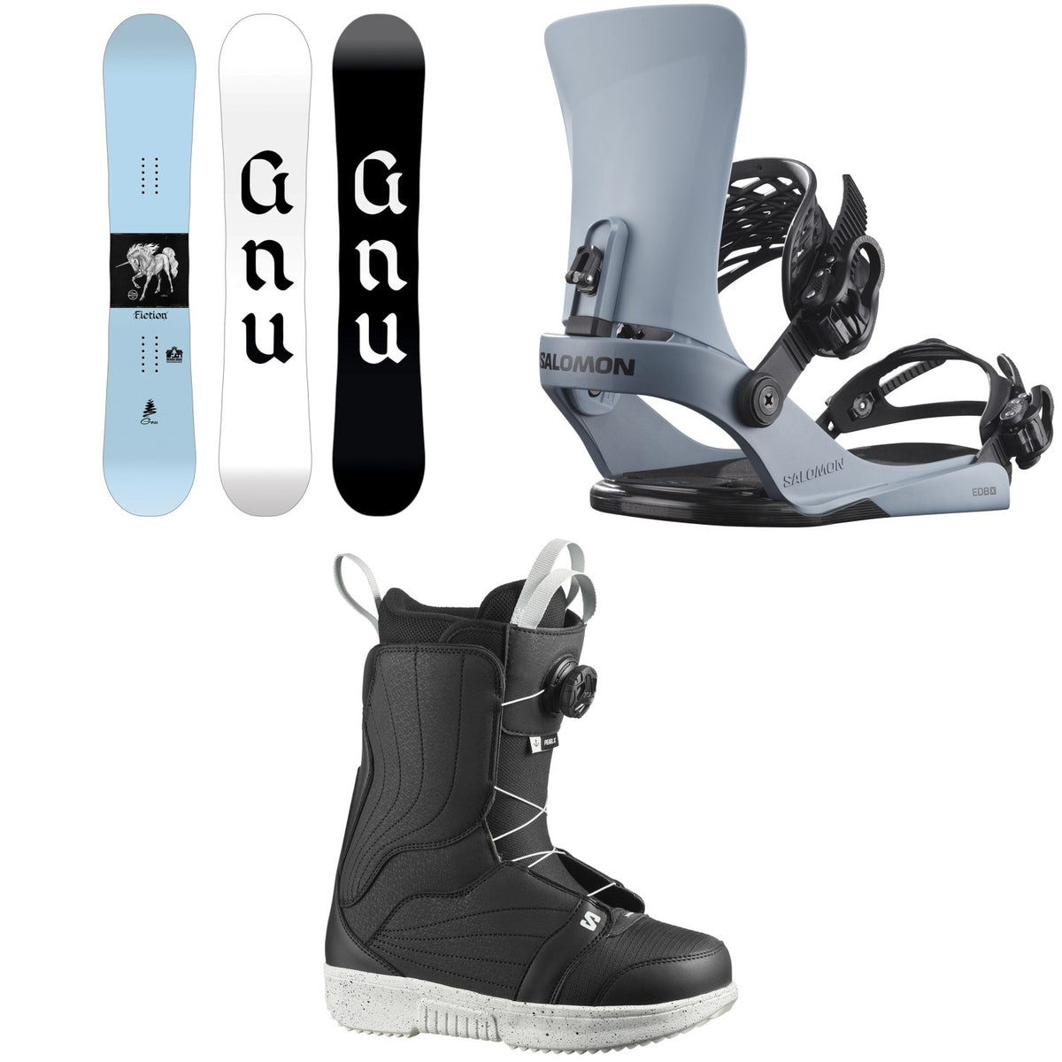 GNU Fiction BTX Snowboard + Salomon EDB X Snowboard Bindings + Pearl Boa X Snowboard Boots - Women's 2026