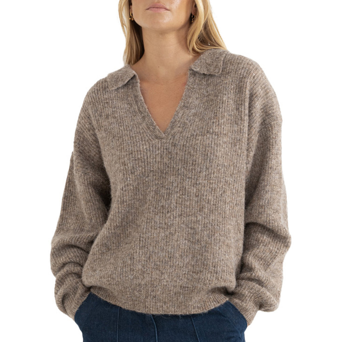 Rhythm Quinn V-Neck Collared Jumper Top - Women's Oatmeal
