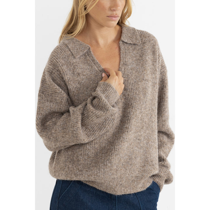 Rhythm Quinn V-Neck Collared Jumper Top - Women's Oatmeal