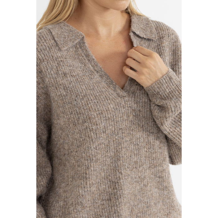 Rhythm Quinn V-Neck Collared Jumper Top - Women's Oatmeal