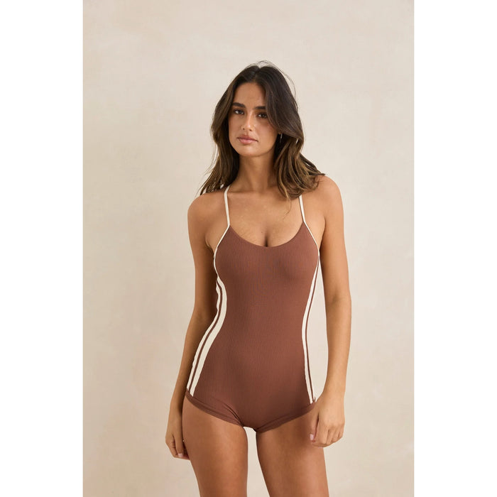 Rhythm Lily Rib Cross Back Surf Short One Piece - Women's Chocolate