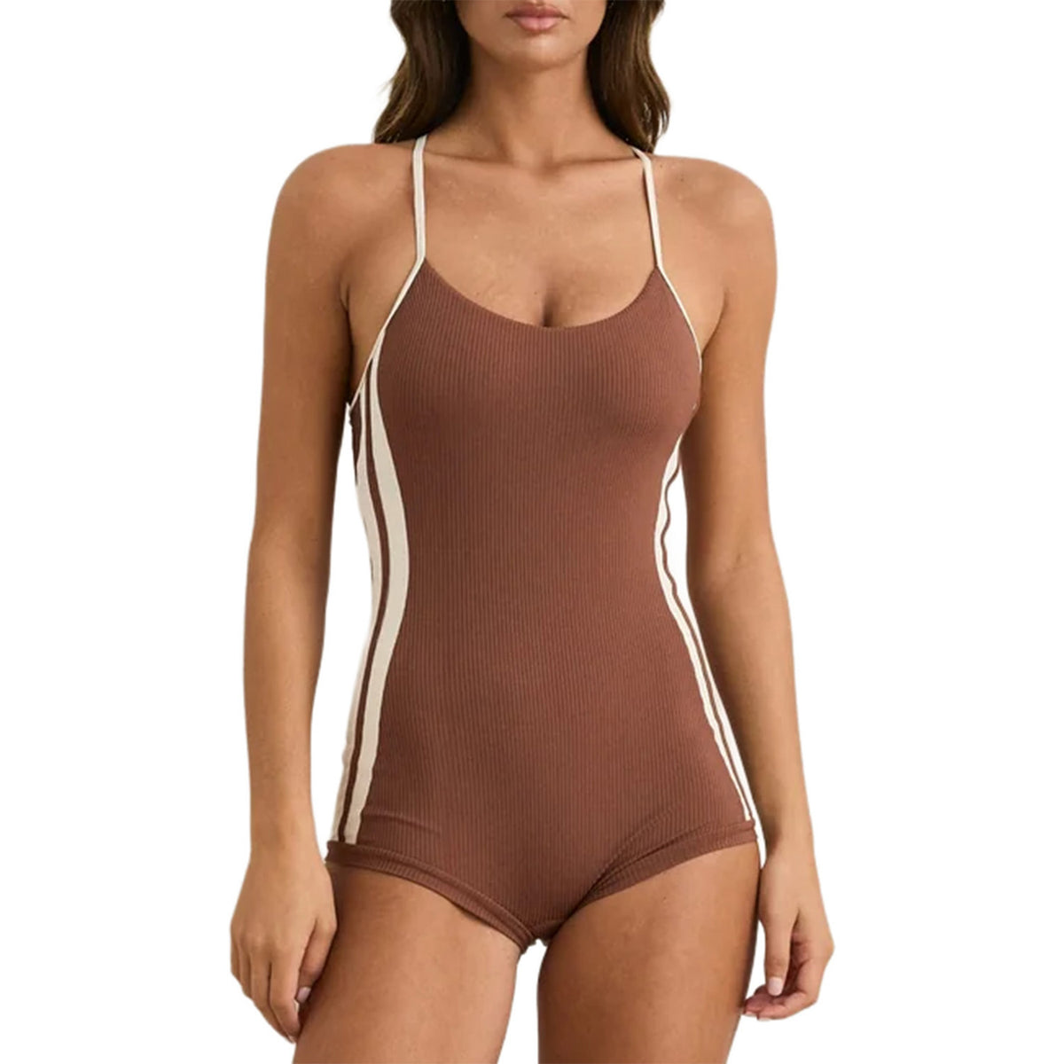 Rhythm Lily Rib Cross Back Surf Short One Piece - Women's Chocolate