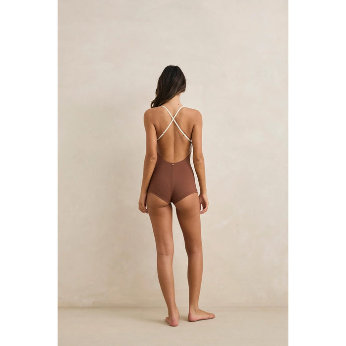Rhythm Lily Rib Cross Back Surf Short One Piece - Women's Chocolate