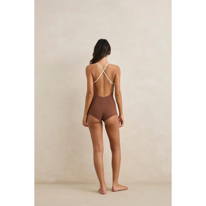 Rhythm Lily Rib Cross Back Surf Short One Piece - Women's Chocolate