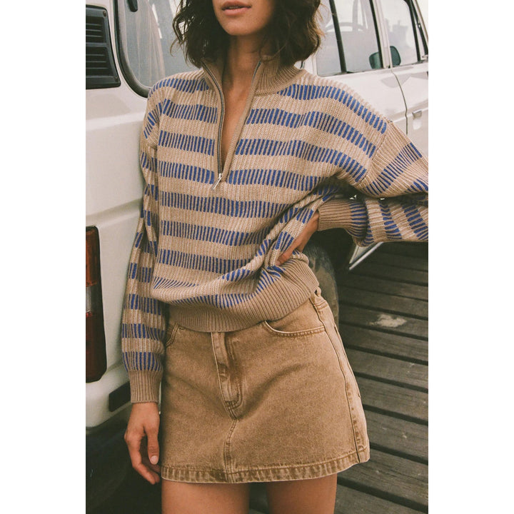 Rhythm Estelle Quarter Zip Striped Knit - Women's Cobalt
