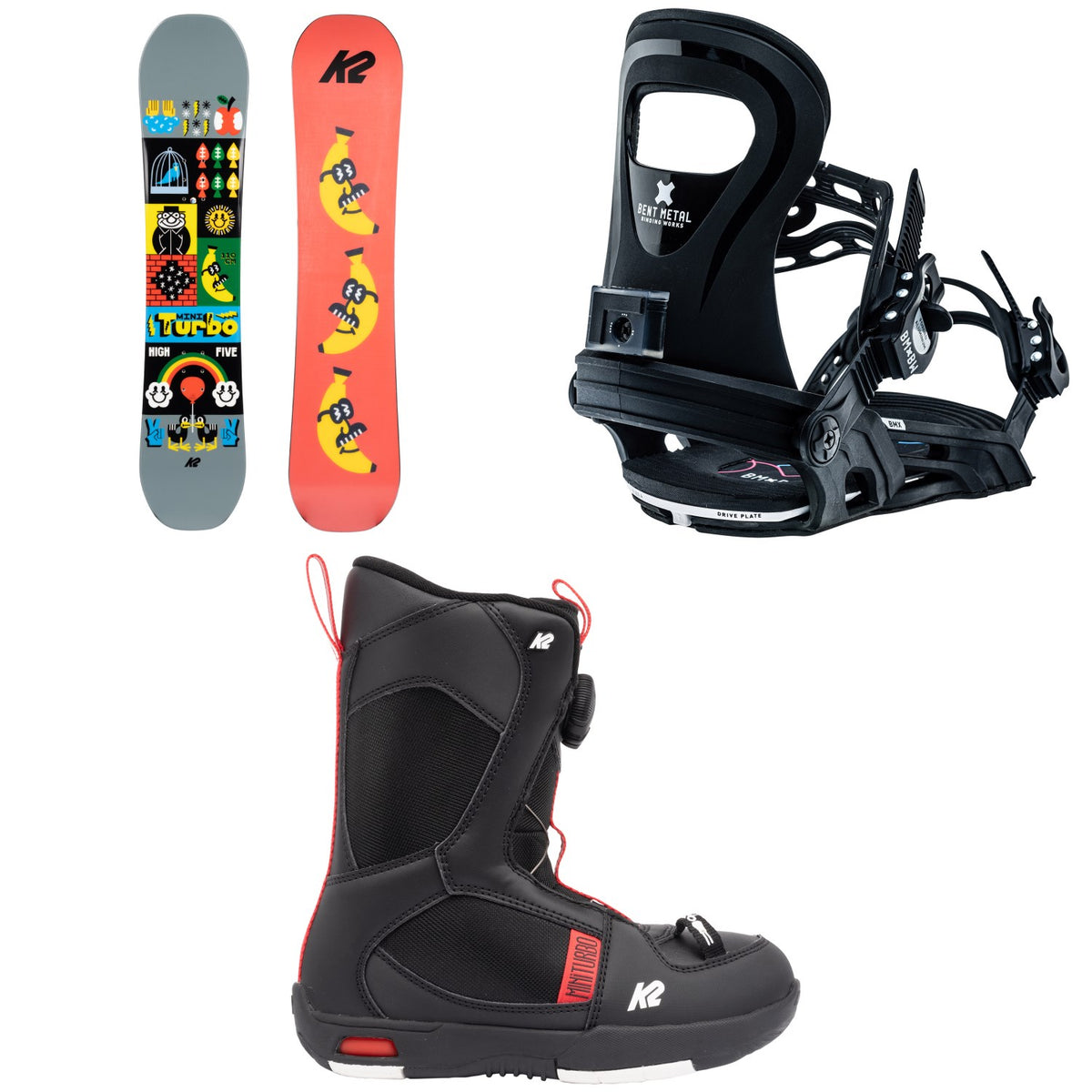 K2 Mini Turbo Snowboard + Bent Metal BMX Snowboard Bindings + K2 Mini Turbo Snowboard Boots - Kids