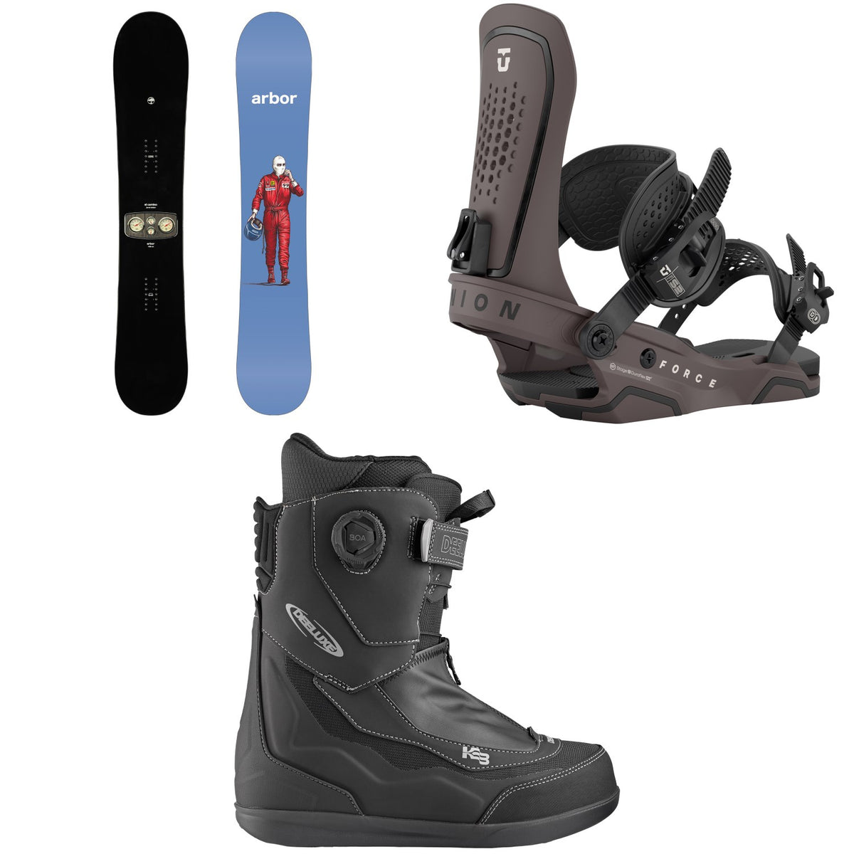 Arbor El Camino Snowboard + Union Force Snowboard Bindings + Deeluxe Aeris Snowboard Boots 2026
