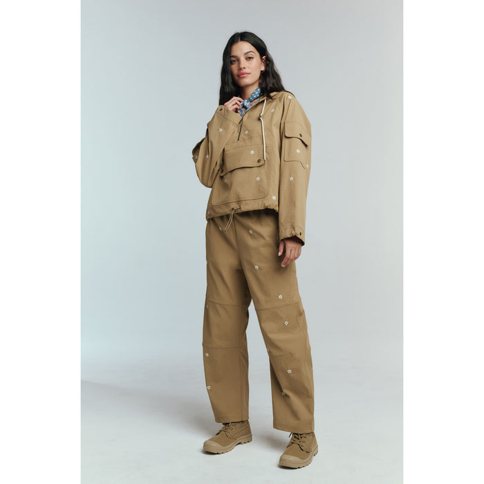 The Great Outdoors The Embroidered Cropped Trailhead Pullover - Women's Khaki With Daisy Embroidery