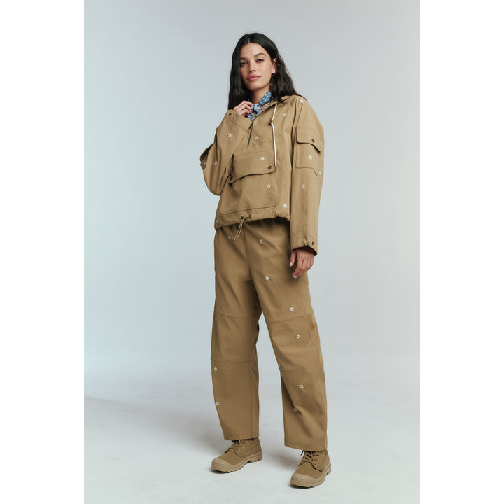 The Great Outdoors The Embroidered Cropped Trailhead Pullover - Women's Khaki With Daisy Embroidery