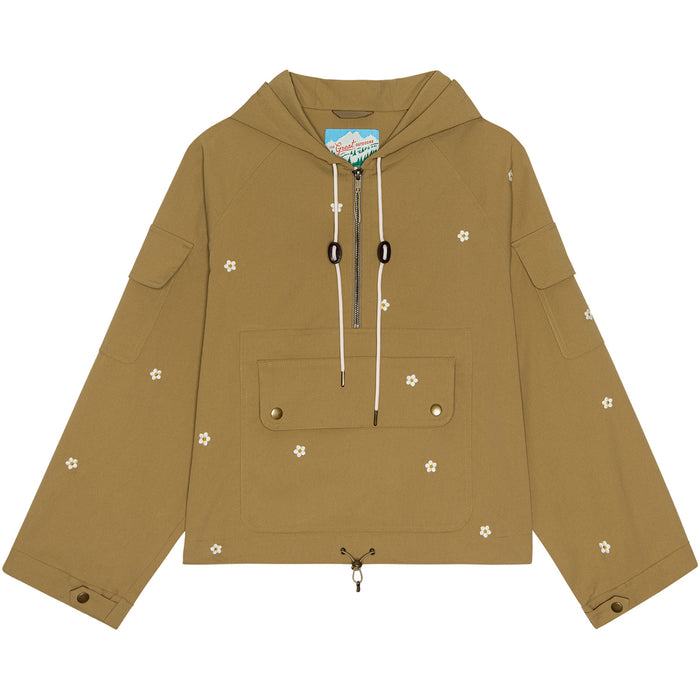 The Great Outdoors The Embroidered Cropped Trailhead Pullover - Women's Khaki With Daisy Embroidery