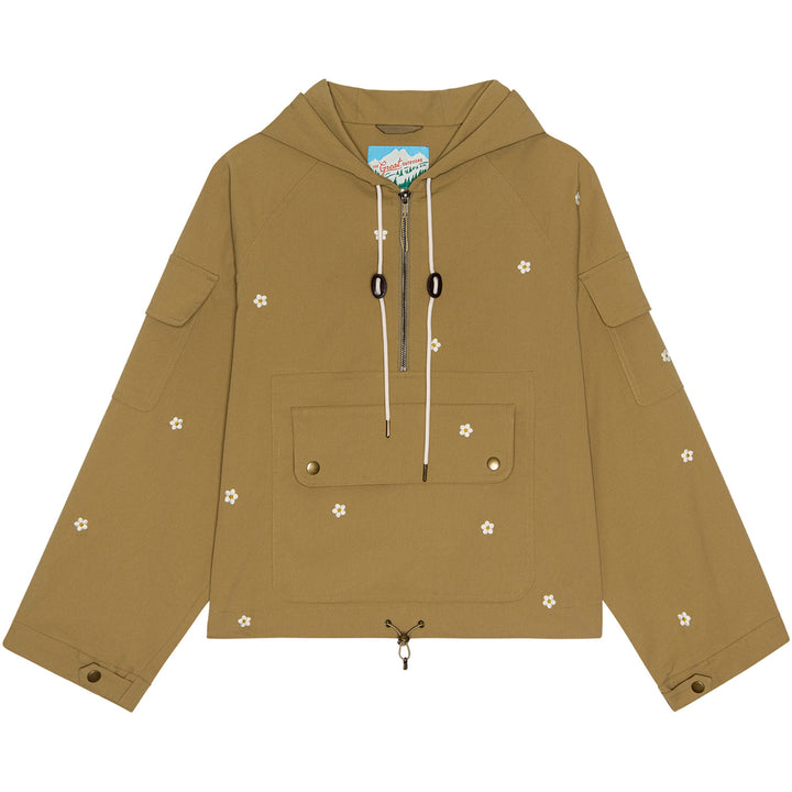The Great Outdoors The Embroidered Cropped Trailhead Pullover - Women's Khaki With Daisy Embroidery