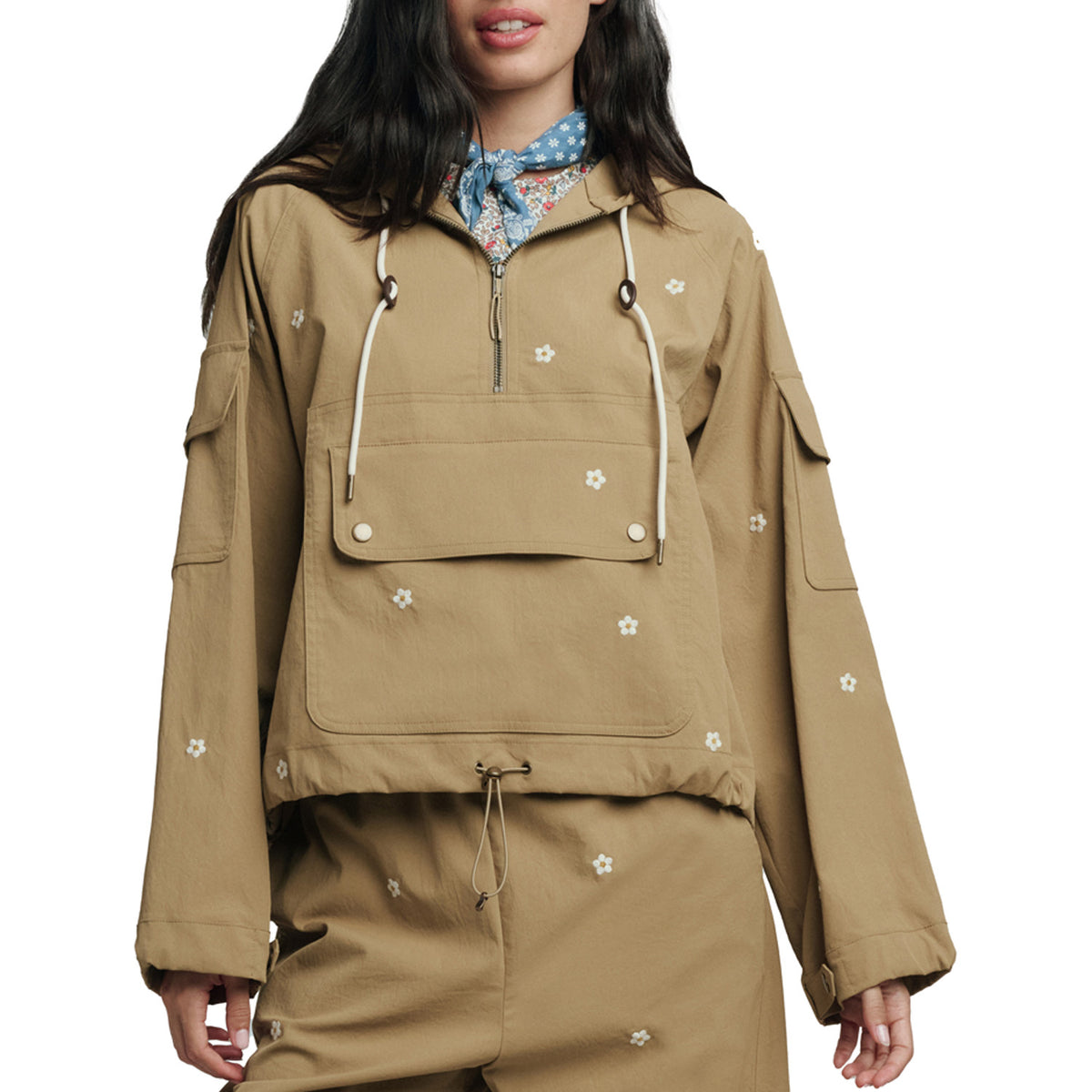 The Great Outdoors The Embroidered Cropped Trailhead Pullover - Women's Khaki With Daisy Embroidery