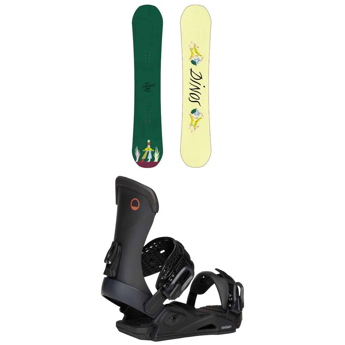 Dinosaurs Will Die BilBored Snowboard + Season Meld Snowboard Bindings