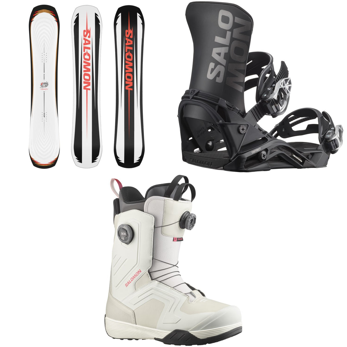 Salomon Assassin Snowboard + District Snowboard Bindings + Dialogue Dual Boa Snowboard Boots 2026