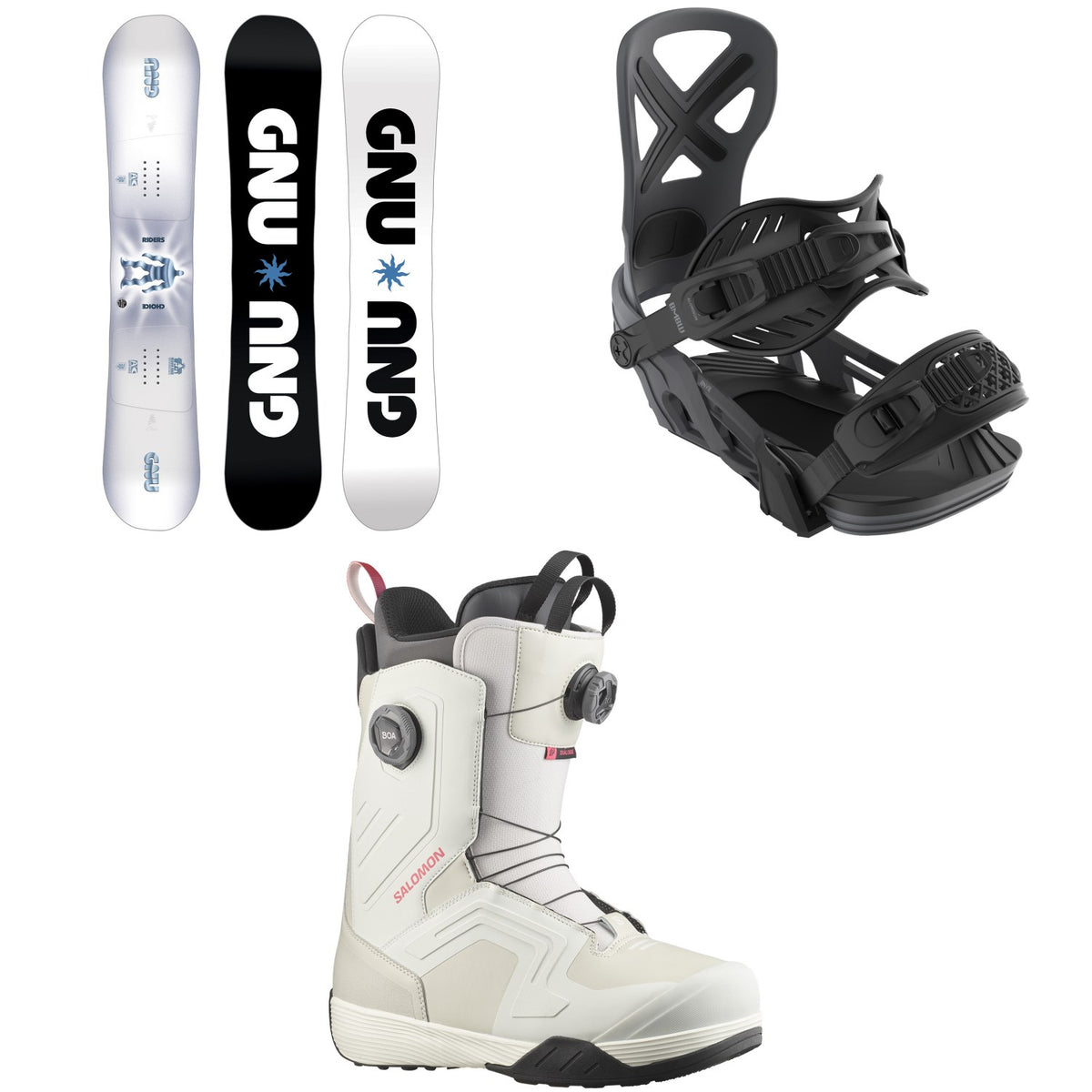 GNU Riders Choice Asym C2X Snowboard + Bent Metal Anvil Snowboard Bindings + Salomon Dialogue Dual Boa Snowboard Boots 2026