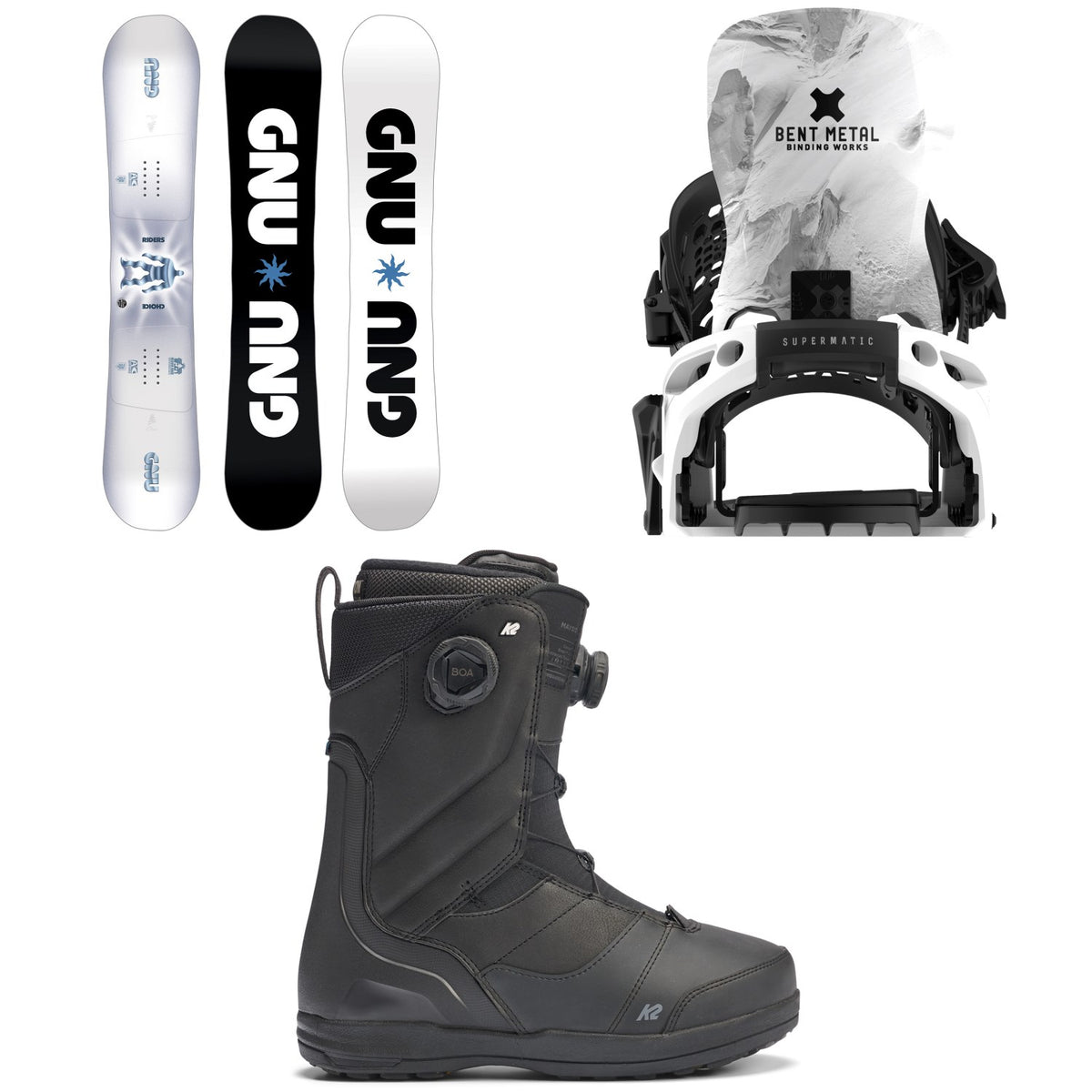 GNU Riders Choice Asym C2X Snowboard + Bent Metal Lightning Supermatic Snowboard Bindings + K2 Maysis Snowboard Boots 2026