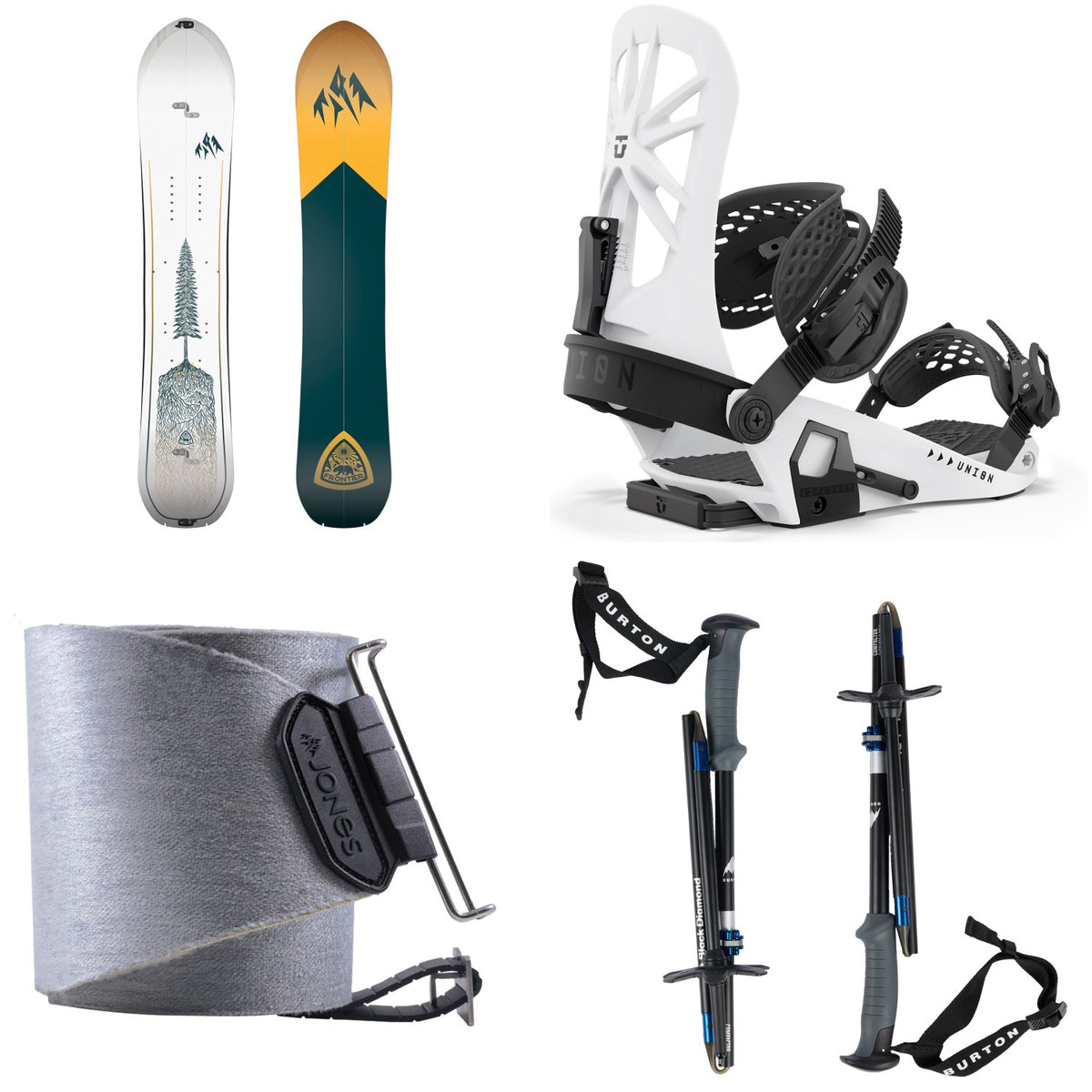 Jones Frontier 2.0 Splitboard + Union Explorer Splitboard Bindings  + Nomad Quick Tension Tail Clip Splitboard Skins + Burton x Black Diamond Compactor Poles 2026