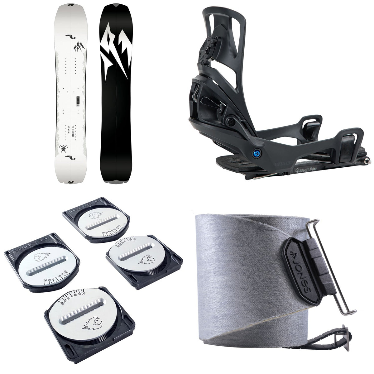 Jones Ultralight Solution Splitboard + Burton Step On Splitboard Bindings + Spark R&D Spark Pucks + Nomad Pro Quick Tension Tail Clip Splitboard Skins