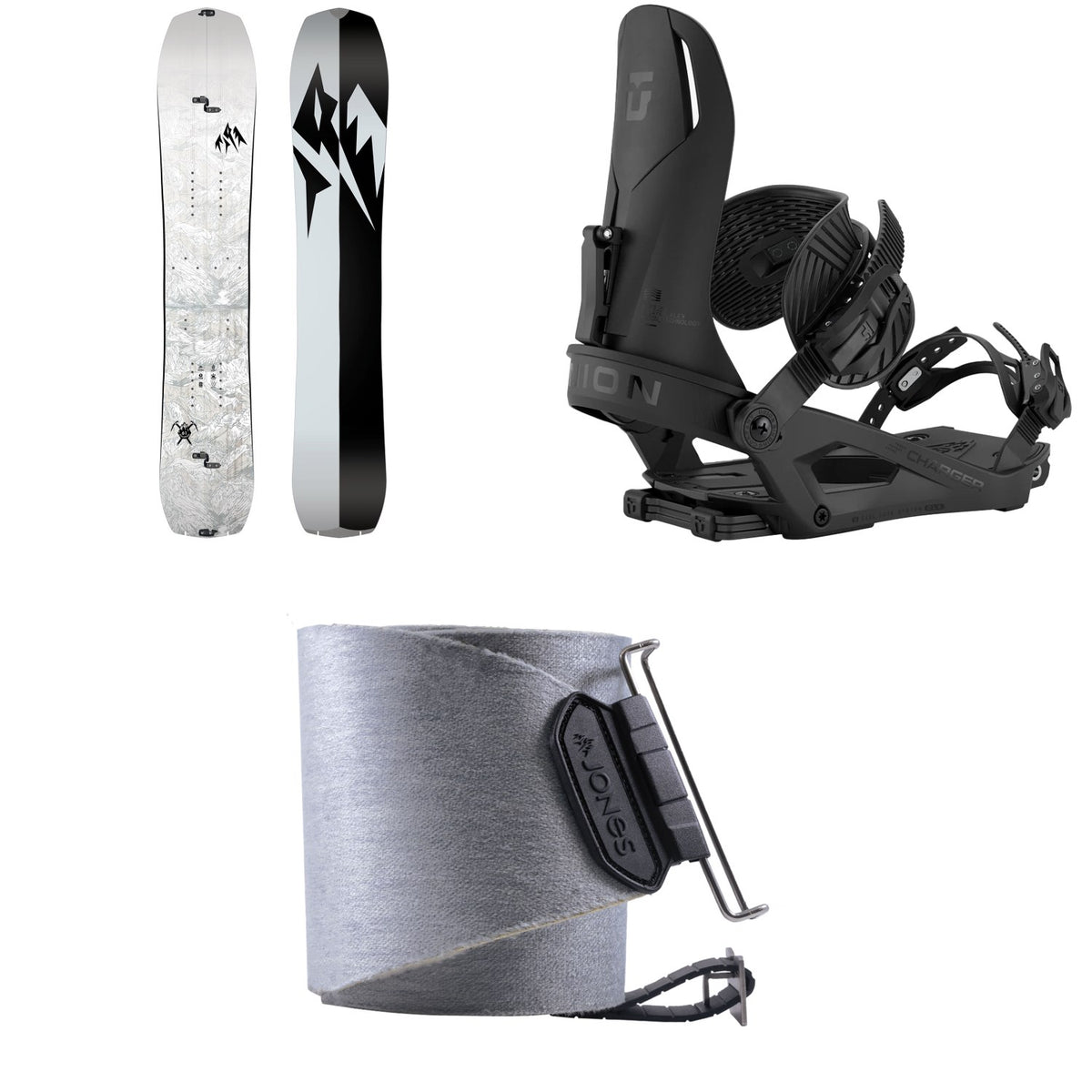 Jones Solution Splitboard + Union Charger Splitboard Bindings + Nomad Quick Tension Tail Clip Splitboard Skins