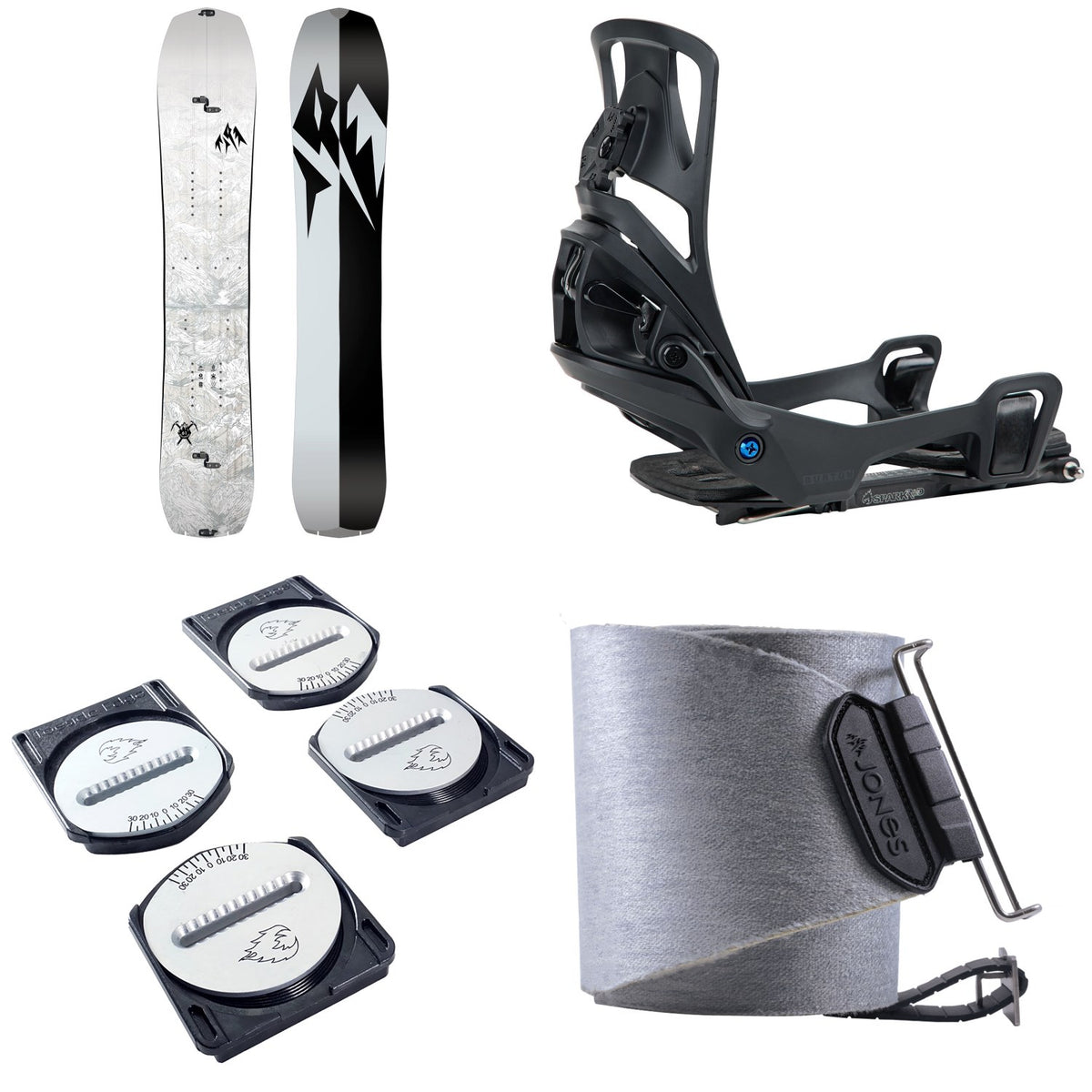Jones Solution Splitboard + Burton Step On Splitboard Bindings + Spark Pucks + Nomad Quick Tension Tail Clip Splitboard Skins