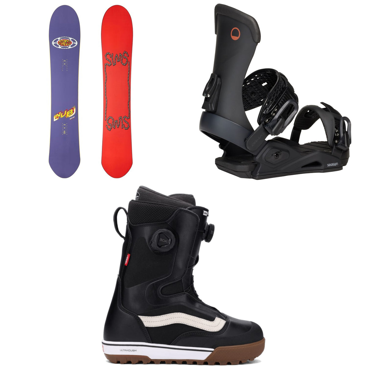 Sims Nub Snowboard 2025 + Season Meld Snowboard Bindings + Vans Aura Pro Snowboard Boots
