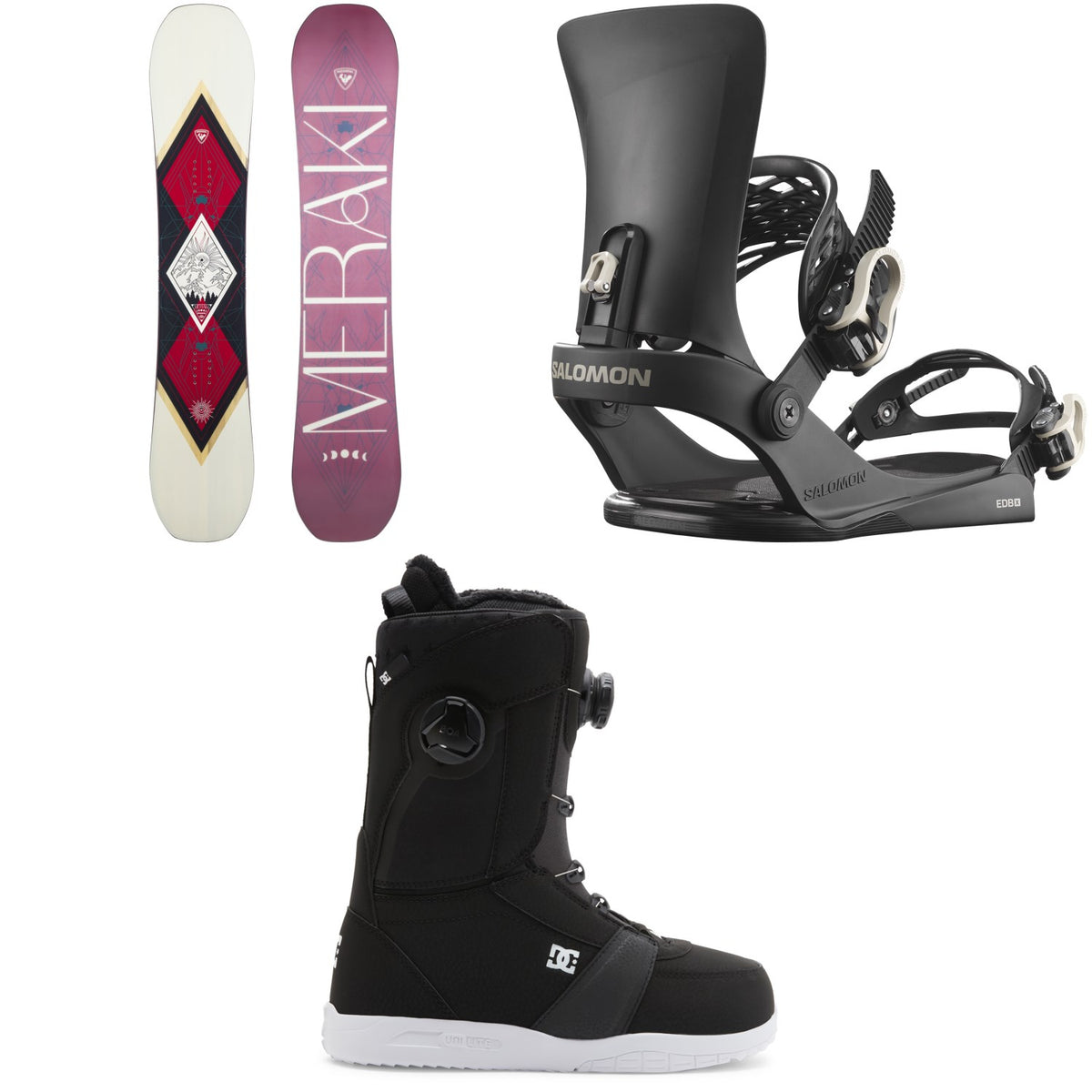 Rossignol Meraki Snowboard + Salomon EDB X Snowboard Bindings + DC Lotus Snowboard Boots - Women's