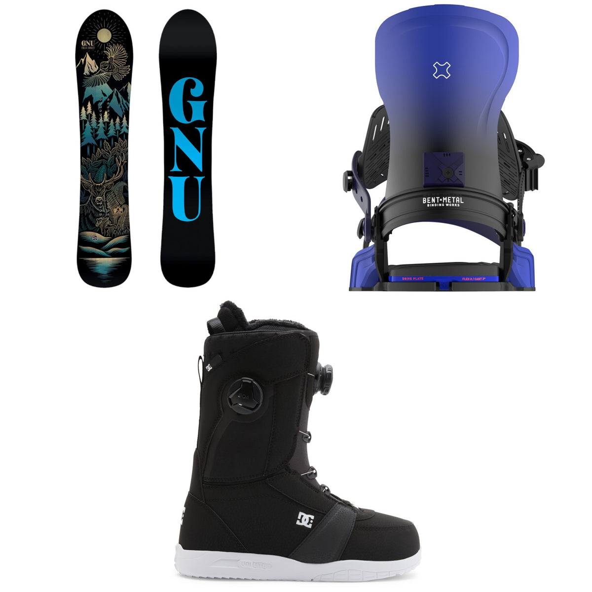 GNU Free Spirit C3 Snowboard + Bent Metal Forte Snowboard Bindings + DC Lotus Snowboard Boots - Women's