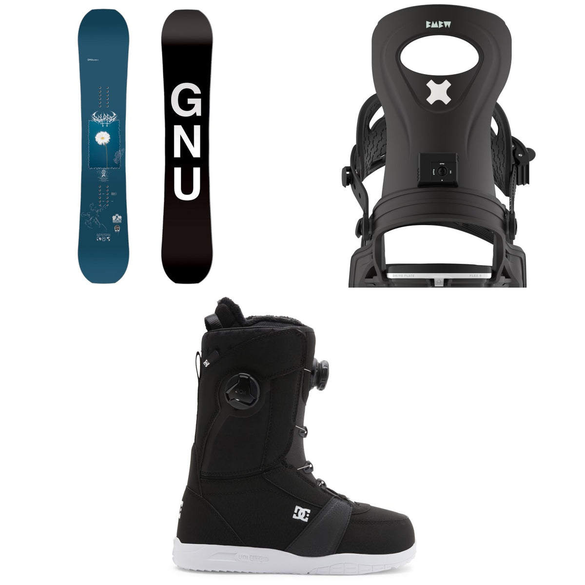 GNU Gloss-C C3 Snowboard 2025 + Bent Metal Metta Snowboard Bindings + DC Lotus Snowboard Boots - Women's