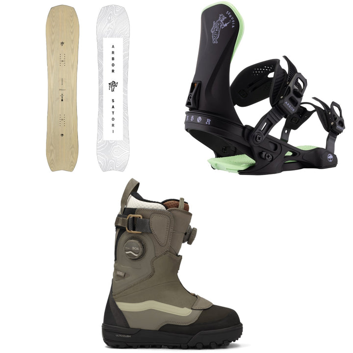 Arbor Satori Snowboard + Sequoia Snowboard Bindings + Vans Viaje Range Edition Snowboard Boots - Women's 2026