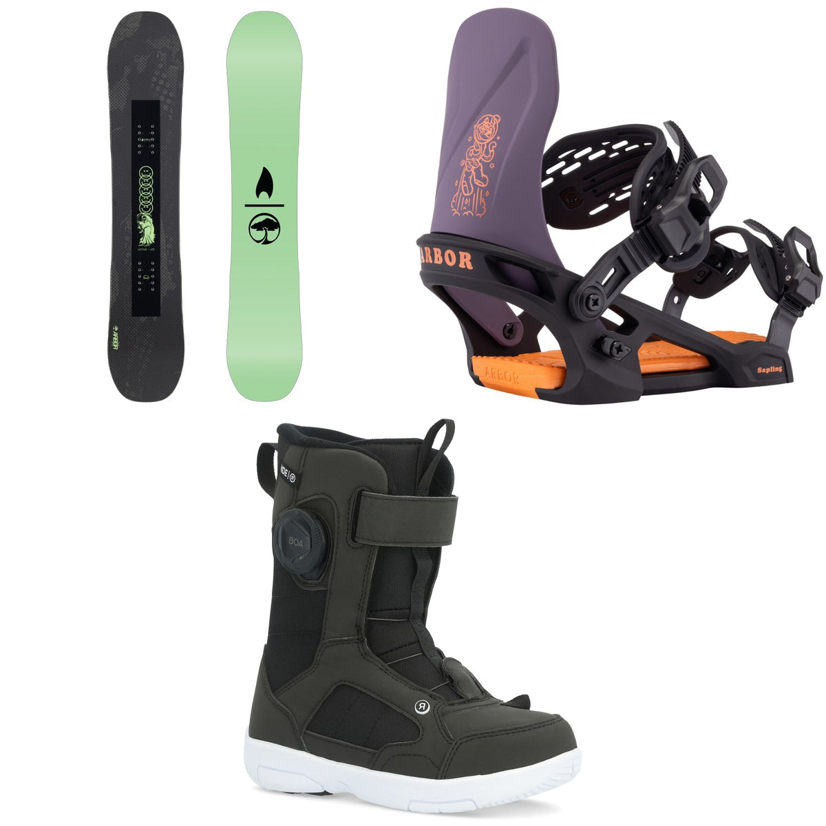 Arbor Votive Snowboard + Sapling Snowboard Bindings + Ride Norris Snowboard Boots - Kids 2026