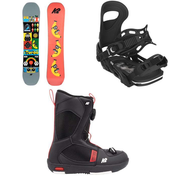 K2 Mini Turbo Snowboard + Bent Metal BMX Snowboard Bindings + K2 Mini Turbo Snowboard Boots - Kids