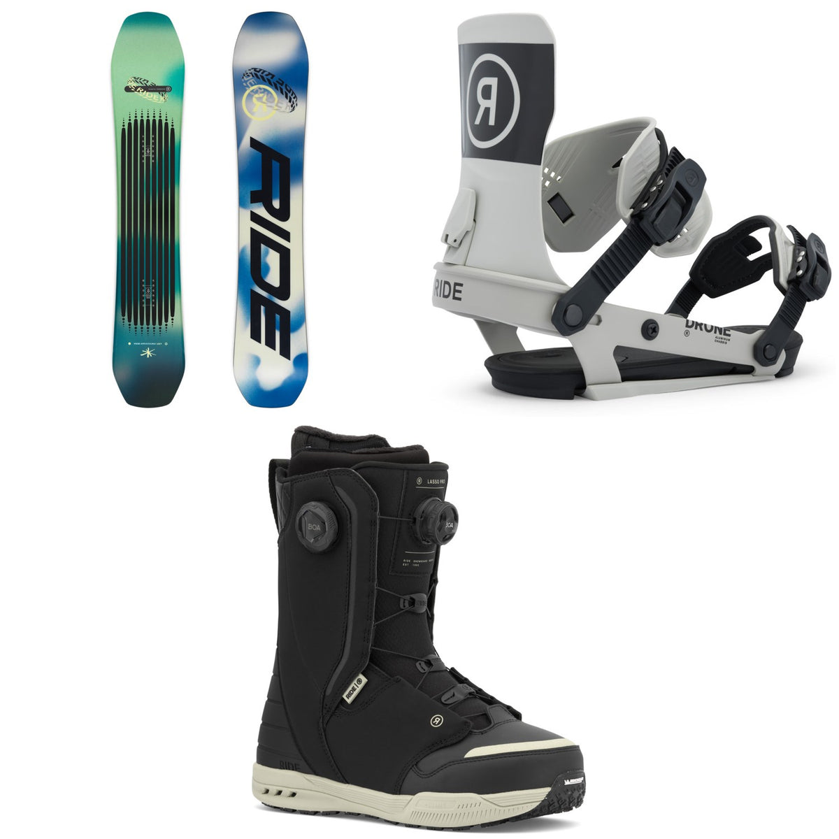 Ride Moderator Snowboard + Drone Snowboard Bindings + Lasso Pro Snowboard Boots 2026