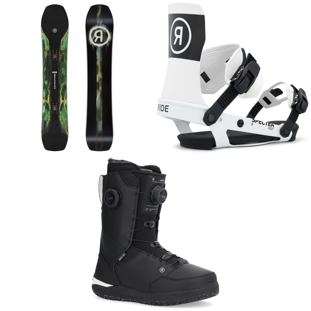 Ride Smokescreen Snowboard + Specter Snowboard Bindings + Lasso Boa Snowboard Boots 2026