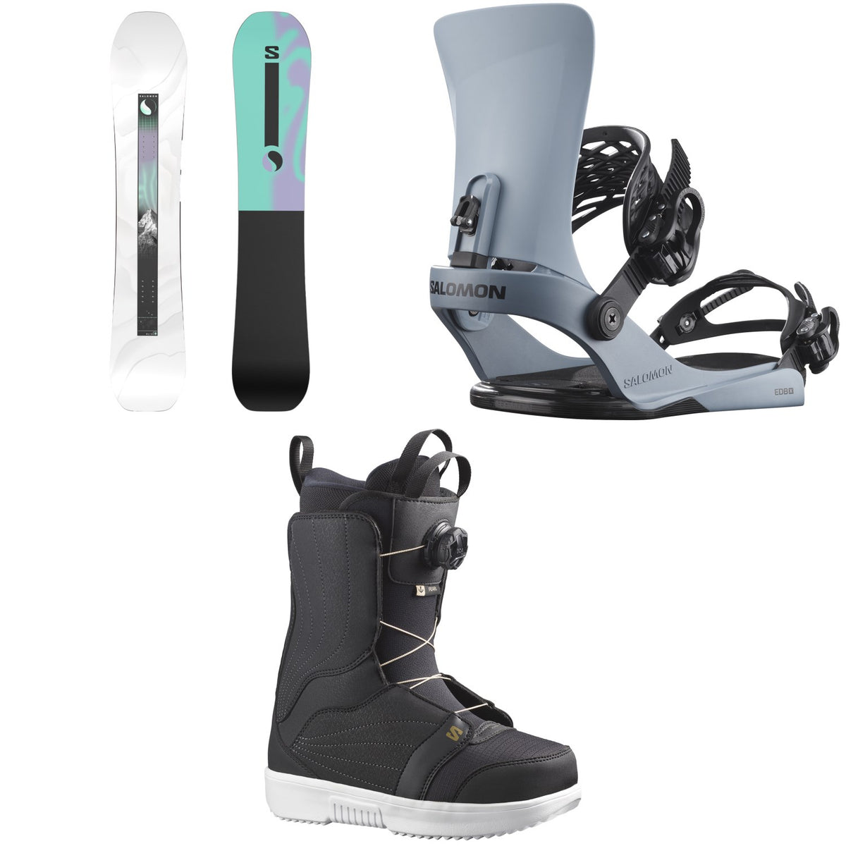 Salomon Bliss X Snowboard + EDB X Snowboard Bindings + Pearl Boa Snowboard Boots - Women's 2026