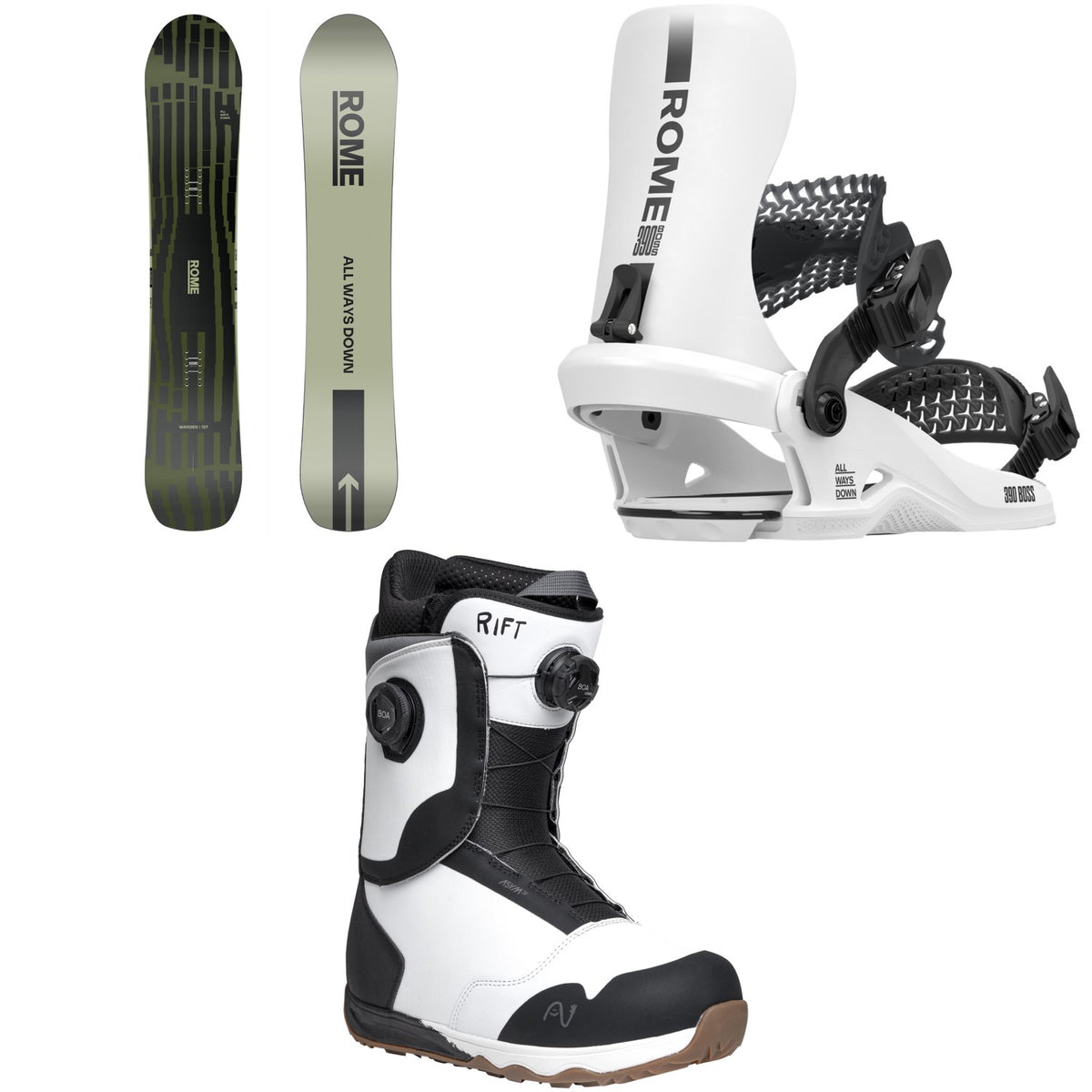 Rome Warden Snowboard + 390 Boss HW Snowboard Bindings + Nidecker Rift Snowboard Boots 2026