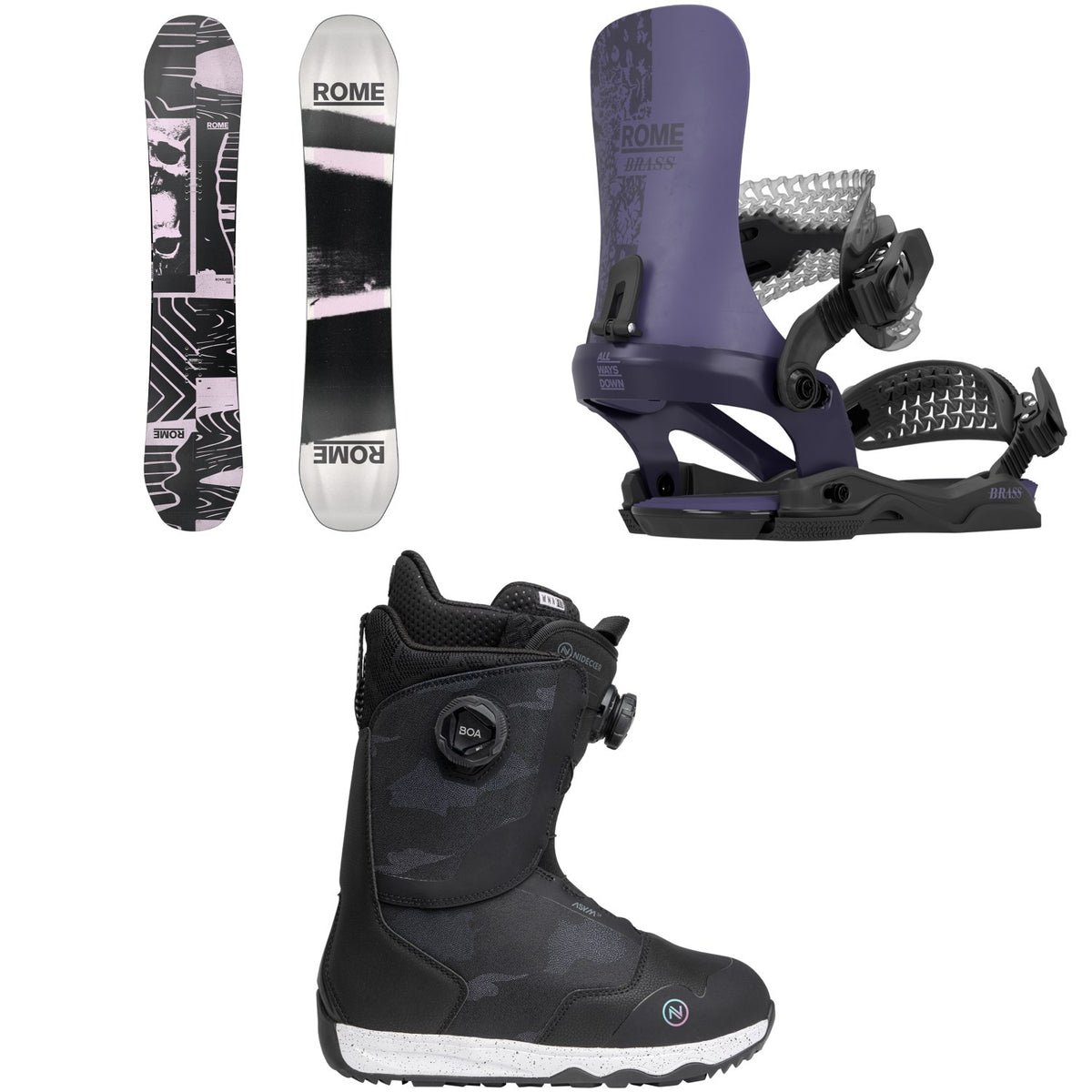 Rome Boneless Snowboard + Brass AW Snowboard Bindings + Nidecker Rift Snowboard Boots - Women's 2026