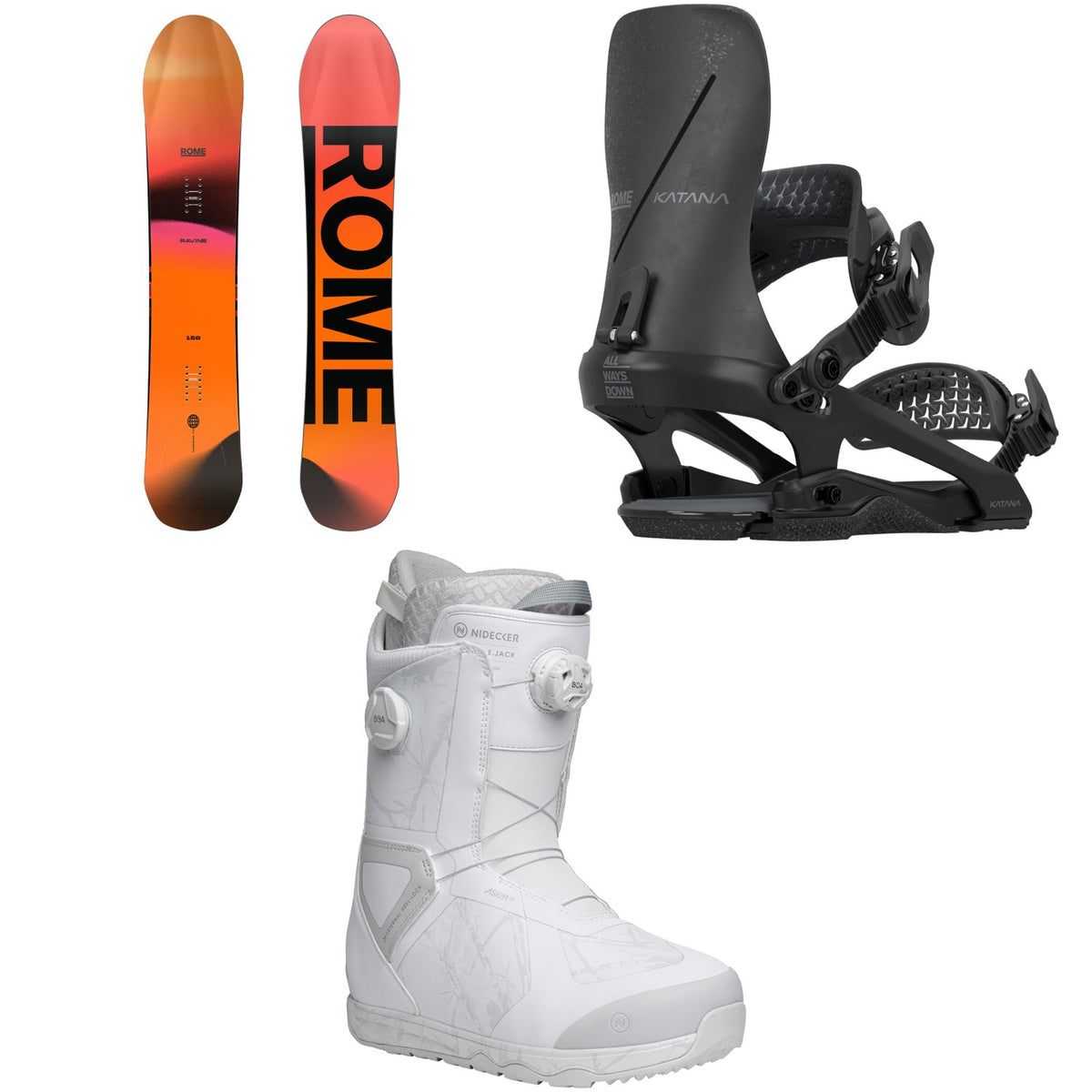 Rome Ravine Snowboard + Katana FW Snowboard Bindings + Nidecker Kita Snowboard Boots 2026
