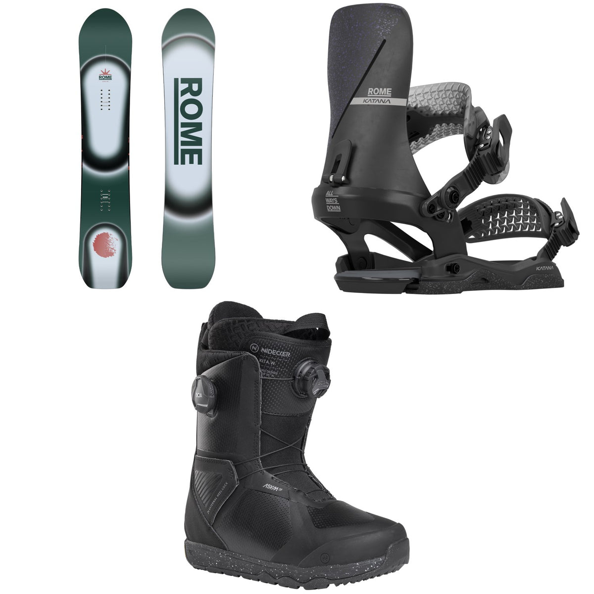 Rome Muse Snowboard + Katana AW Snowboard Bindings + Nidecker Kita Snowboard Boots - Women's 2026