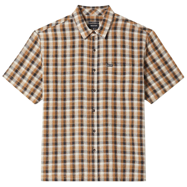 Brixton Cru Linen Blend Plaid Short-Sleeve Woven Shirt - Men's Black/Tobacco Plaid