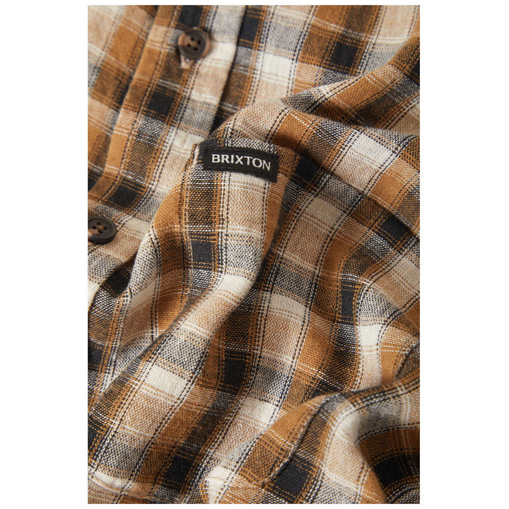 Brixton Cru Linen Blend Plaid Short-Sleeve Woven Shirt - Men's Black/Tobacco Plaid