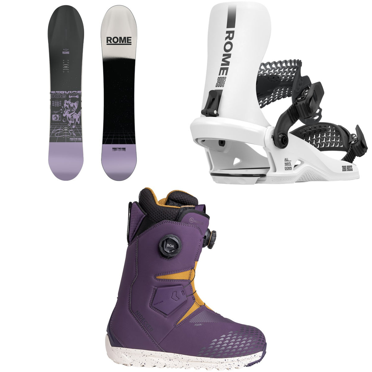 Rome Service Dog Snowboard + 390 Boss HW Snowboard Bindings + Nidecker Altai Snowboard Boots 2026