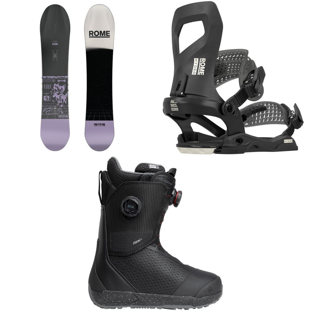 Rome Service Dog Snowboard + Hydra AW Snowboard Bindings + Nidecker Rift Pro Snowboard Boots - Women's 2026