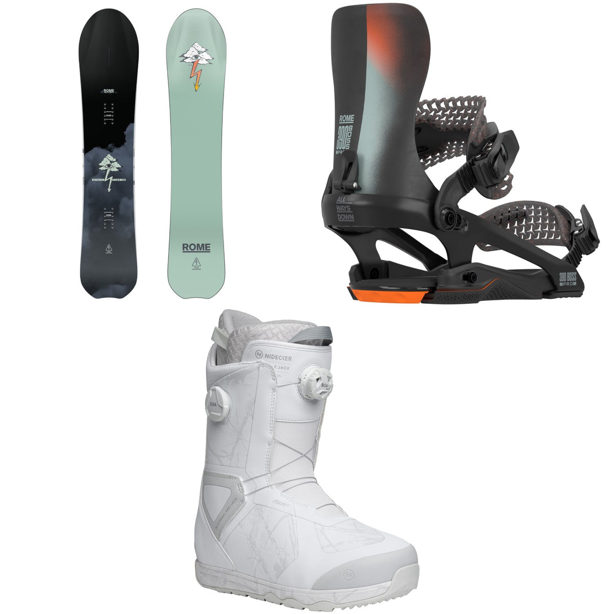 Rome Stale Fish Snowboard + 390 Boss Pro FW Snowboard Bindings + Nidecker Kita Snowboard Boots 2026