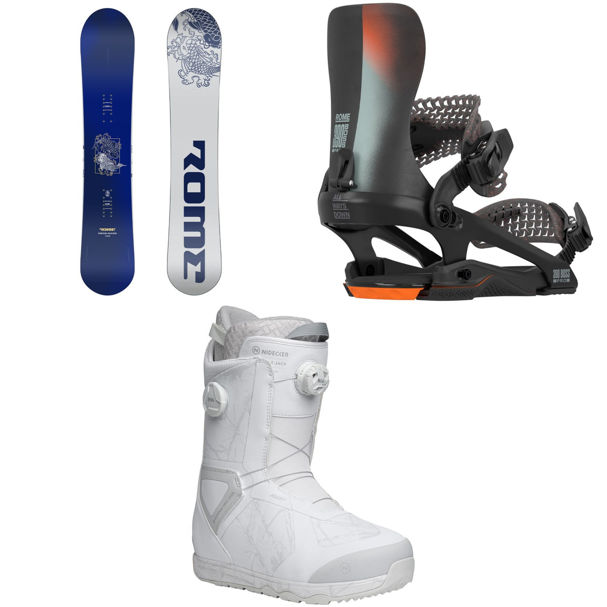 Rome Rene-Gade Snowboard + 390 Boss Pro FW Snowboard Bindings + Nidecker Kita Snowboard Boots 2026